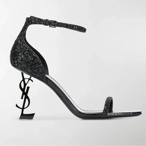 SAINT LAURENT Women's Opyum 85 Heels Glitter Sandals in Black Size US 10 EU 40.5